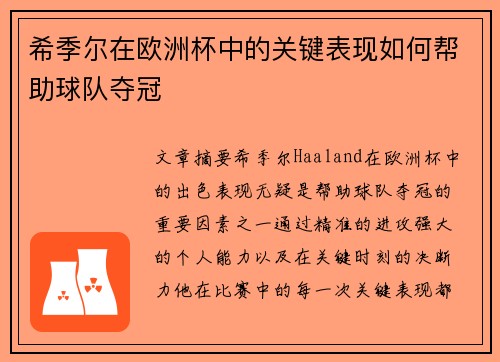 希季尔在欧洲杯中的关键表现如何帮助球队夺冠